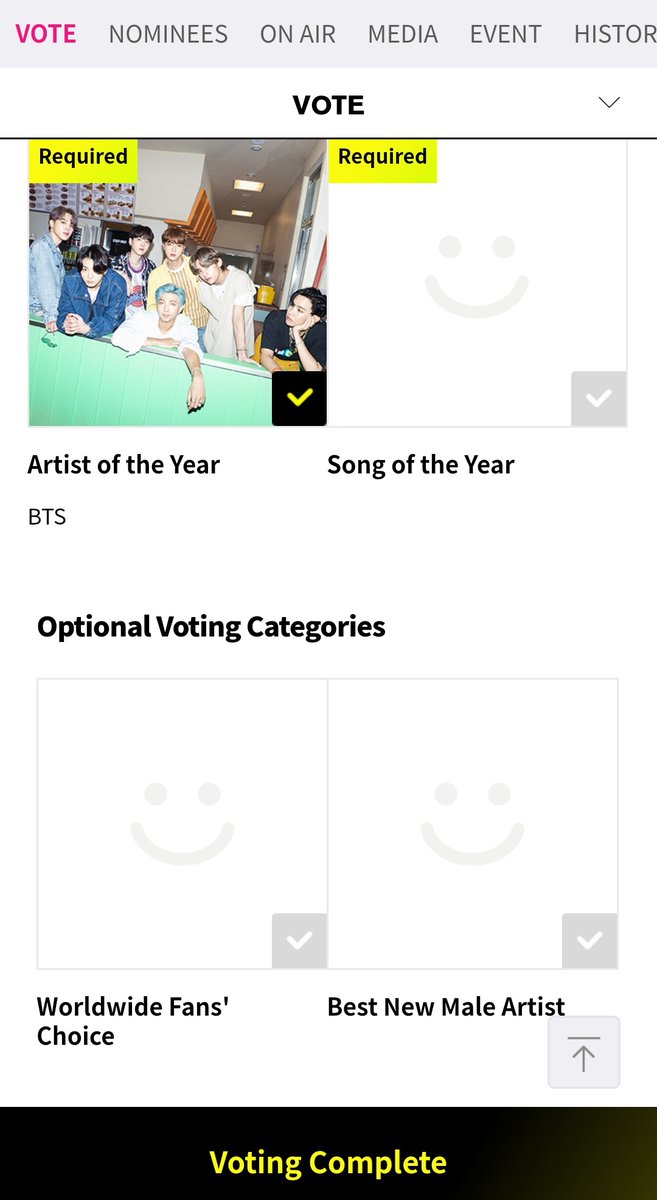 Step 8: Click on Artist of the Year.SCROLL down till you find BTSClick on the tick mark beside BTSClick on OK