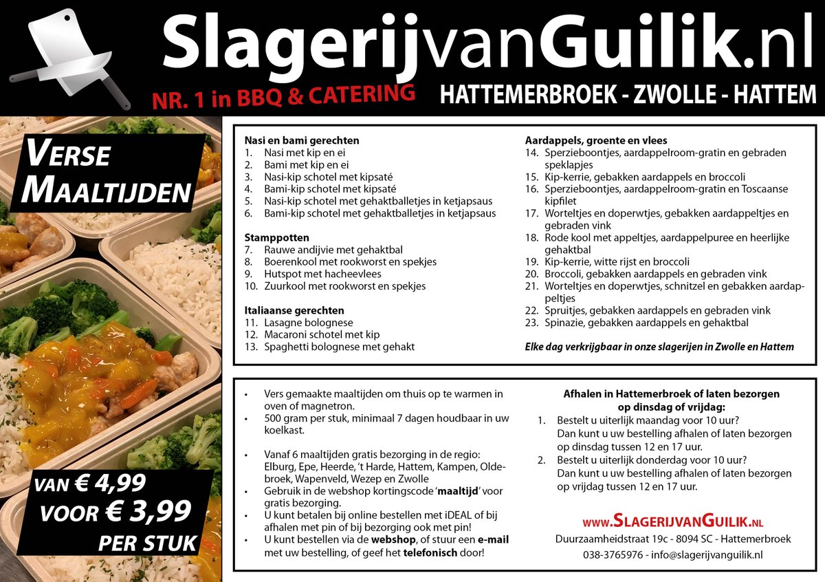 Alle #maaltijden in de aanbieding in onze slagerijen! 
Vanaf 6 maaltijden nu gratis bezorging op dinsdag en vrijdag in de gehele regio.
U kunt bestellen via de webshop, of stuur een e-mail met uw bestelling, of geef het telefonisch door!
slagerijvanguilik.nl/hapjesschotels…