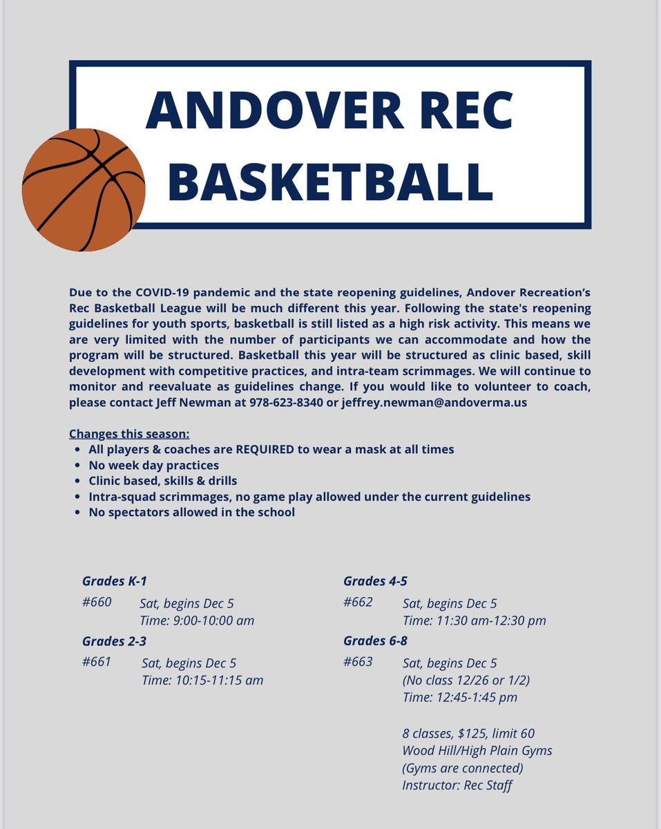 AndoverRecDept's tweet photo. Andover Rec Basketball (formerly Bob French) is still a go this year! Changes have been made to meet the current COVID-19 guidelines. Register today! 🏀 https://t.co/fjupCi46sC