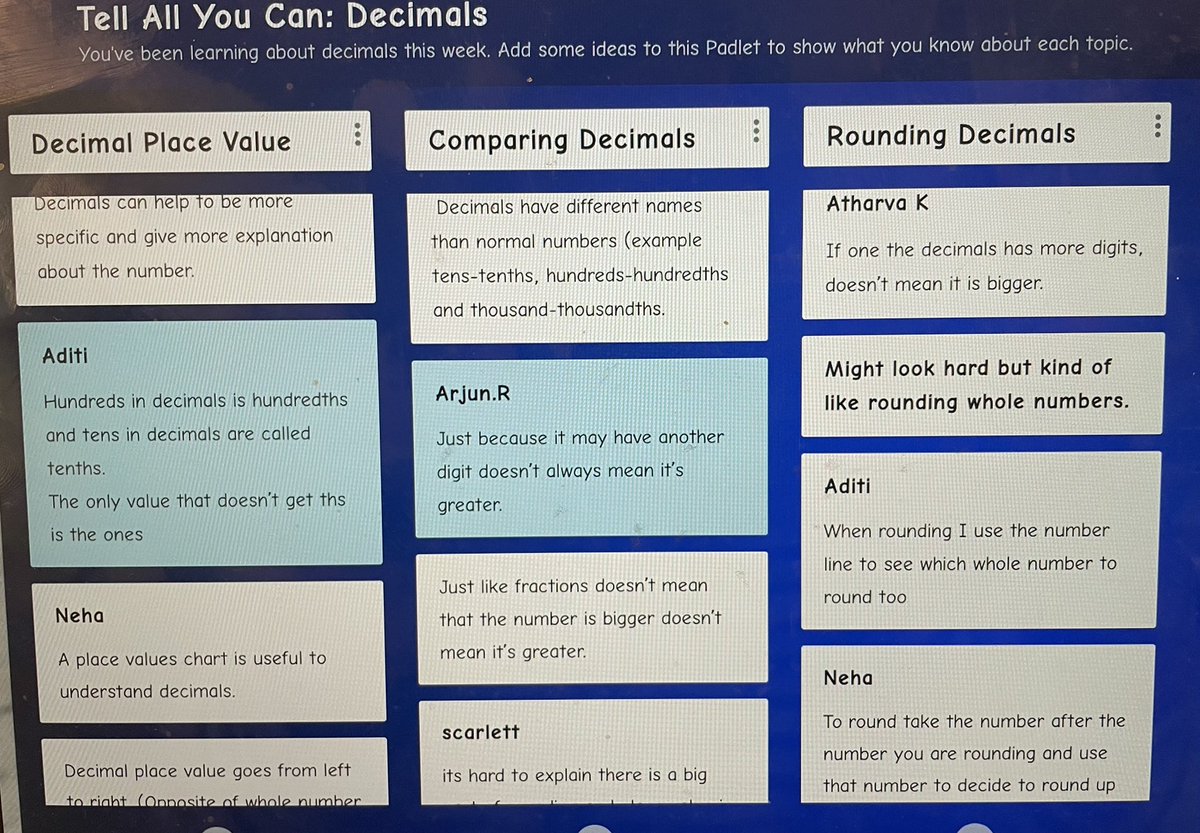 meghanlowegvsd's tweet image. A #mathmoment of reflection this morning, showing our thinking around decimals this week! 🤔⭐️💭 @MissSlavinGV