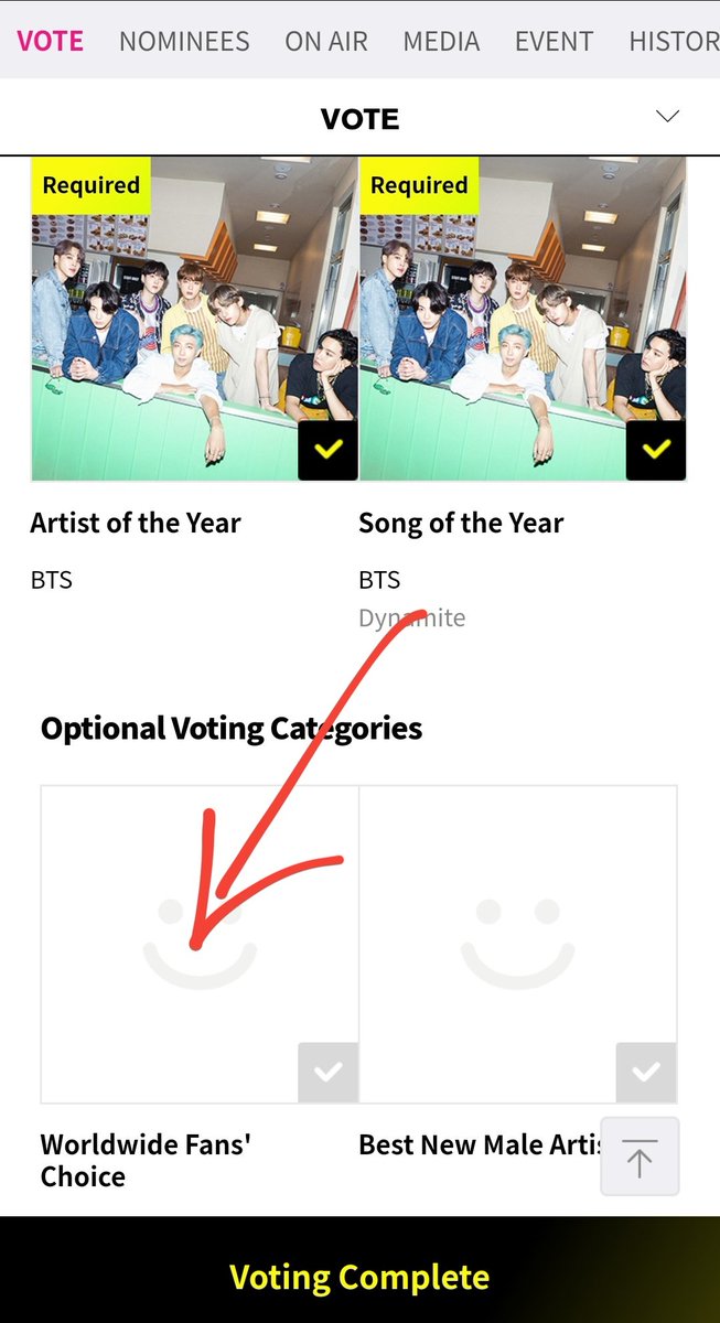 Step 10:Follow the previous steps and go to the categories WORLDWIDE FAN'S CHOICEBEST MALE GROUPBEST DANCE PERFORMANCE MALE GROUP and select BTS