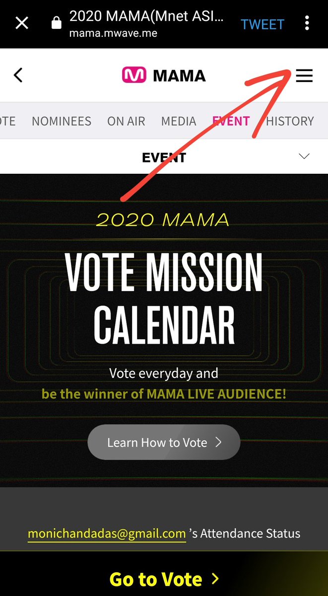 Step 13:Go to the menu at the top right corner of the page.Click on SIGN OUTThen click on 2020 MAMA VOTENow you can follow the same steps as before to vote again with another account.