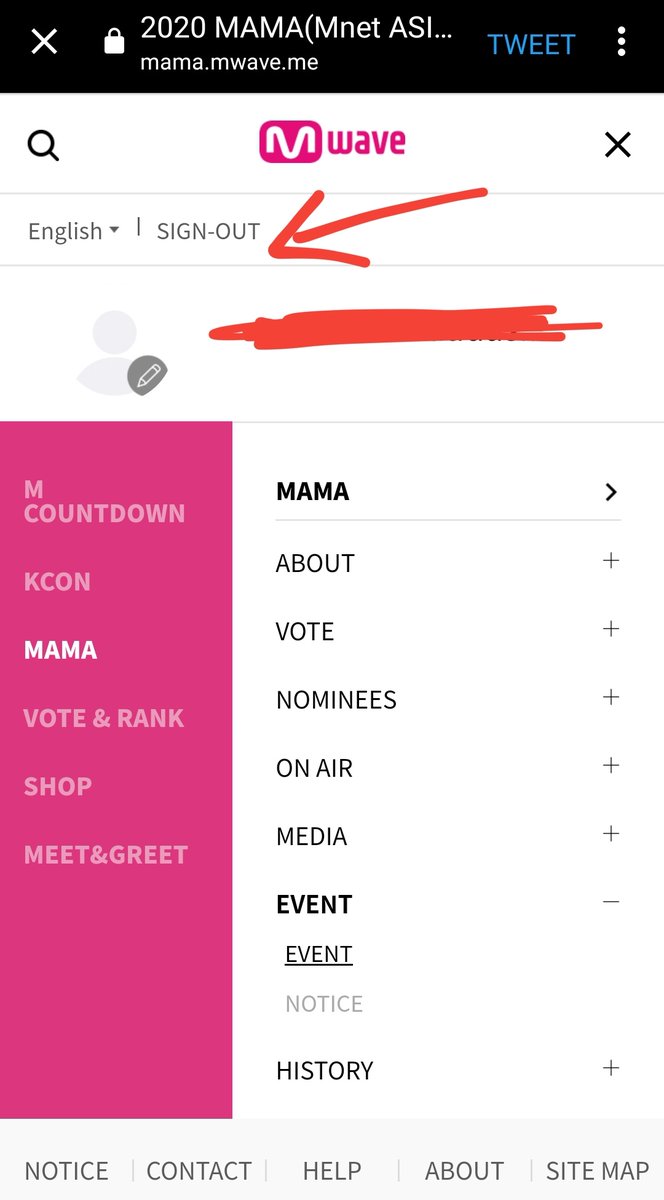 Step 13:Go to the menu at the top right corner of the page.Click on SIGN OUTThen click on 2020 MAMA VOTENow you can follow the same steps as before to vote again with another account.