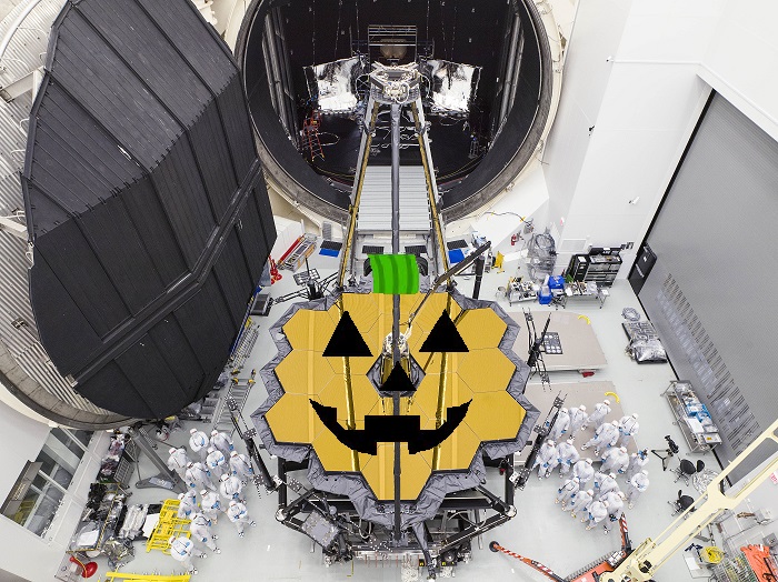 Art by Alexis Fonseca. Jack-o-lantern pattern overlaid over the Webb Telescope's primary mirror.