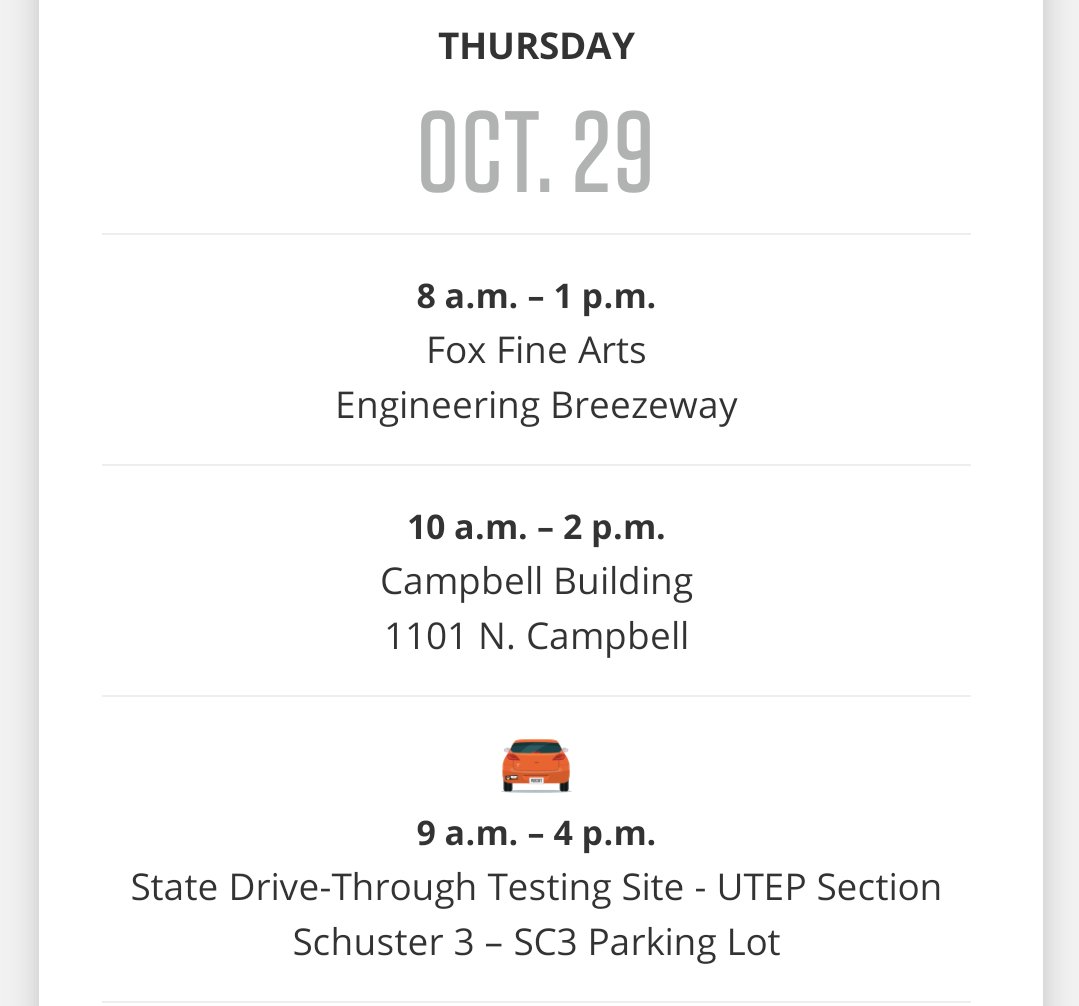 Good morning, Miners! Here are today's testing sites and times. Remember to wear your face coverings at all time and to bring your ID. Be safe, bundle up, and go Miners! 🧡💙⛏️🧡💙⛏️