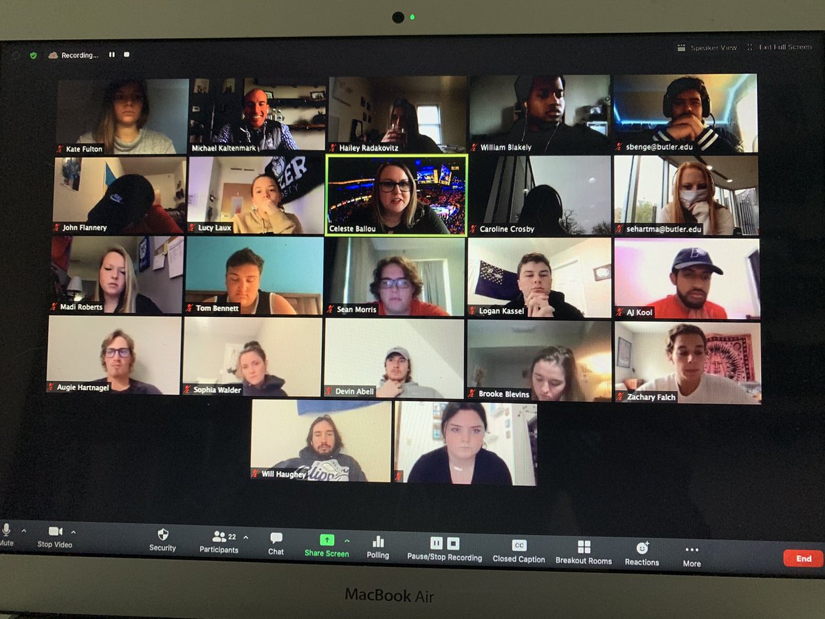 MSKaltenmark's tweet photo. Honored to have @celeste_b of @Pacers & @IndianaFever join class last night. Great insights on the excellent social and digital media content that she and her teams create. But highlight for me was her firsthand account of the NBA bubble experience. So good. #ButlerSTR356 https://t.co/aYmF6MHS0p