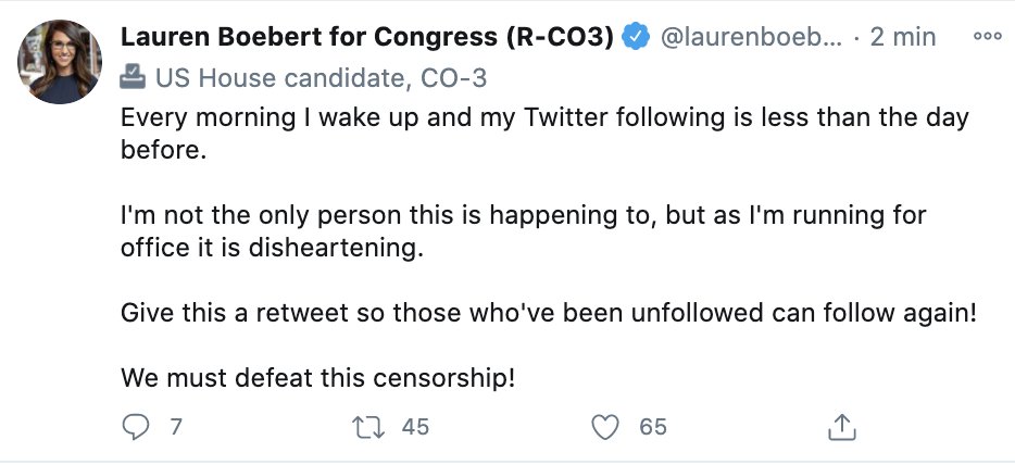 Screenshot of tweet by Lauren Boebert complaining she loses Twitter followers every day, and alleging censorship