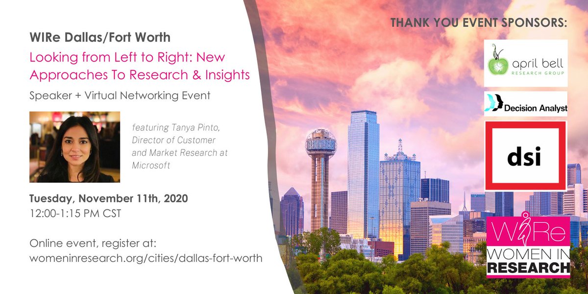 Dallas/Fort Worth #MRX: Join us on Nov 11 for a virtual networking event + speaker Tanya Pinto of <a href="/Microsoft/">Microsoft</a>. There's door prizes 👀 — don't miss this! Register at womeninresearch.org/event/looking-…. Thanks to <a href="/ABResearchGroup/">Made With Empathy</a>, <a href="/DecisionAnalyst/">Decision Analyst</a> and DSI for supporting #WomeninResearch!