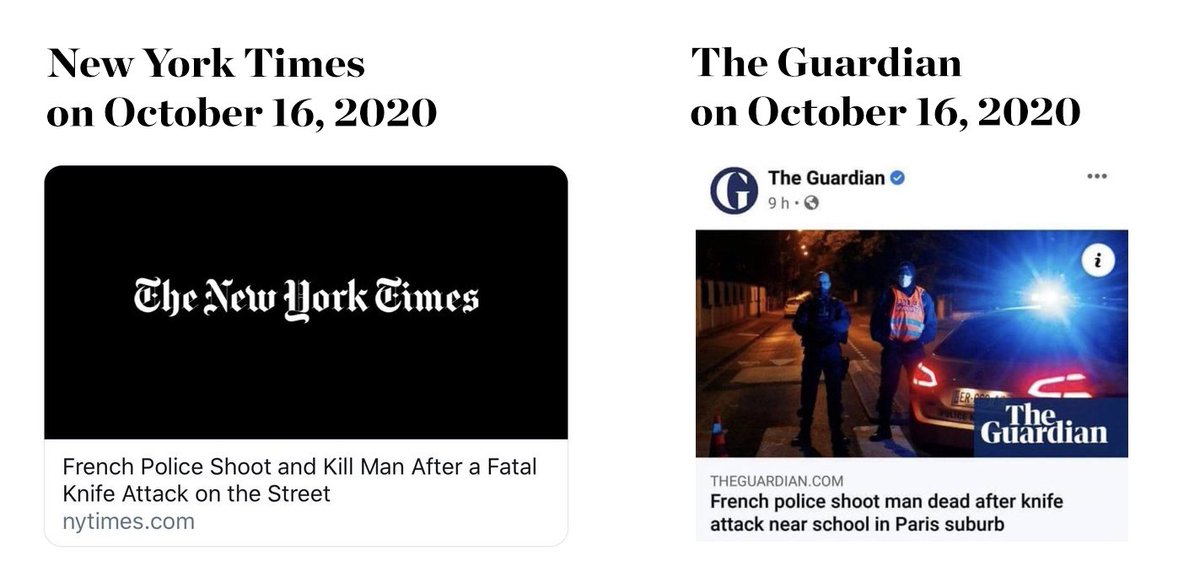 Oct 2020: Aside the "copy and paste" journalism on display below, this is the grossly misleading headlines reporting on the beheading of French school teacher Samuel Paty. These are two major mainstream outlets - not fringe alternative media, Al Jazeera or satire site.