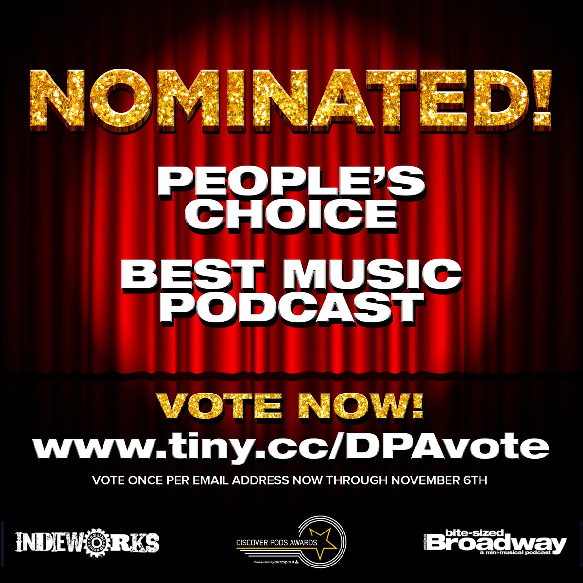 indieworksco's tweet image. 𝐁𝐢𝐭𝐞-𝐒𝐢𝐳𝐞𝐝 𝐁𝐫𝐨𝐚𝐝𝐰𝐚𝐲 𝐡𝐚𝐬 𝐛𝐞𝐞𝐧 𝐧𝐨𝐦𝐢𝐧𝐚𝐭𝐞𝐝 𝐟𝐨𝐫 𝐭𝐰𝐨 𝐃𝐢𝐬𝐜𝐨𝐯𝐞𝐫 𝐏𝐨𝐝𝐬 𝐀𝐰𝐚𝐫𝐝𝐬!!!
Now we need your help with the votes! Head to tiny.cc/DPAvote. Who knows - maybe it'll be the second most important vote you make this season!