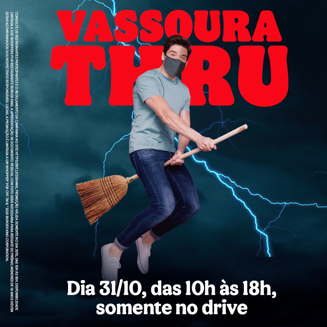 BurgerKingBR's tweet photo. Cancela a faxina porque vai rolar #VassouraThru dia 31/10, das 10h às 18h, mas a quantidade é limitada. Então, é melhor voar pro drive do BK com a sua vassoura, e máscara, e garantir um Whopper, por CPF, para curtir o Halloween. Lojas participantes: 
https://t.co/a25AEcCZ3Q https://t.co/AzoP8Szoow