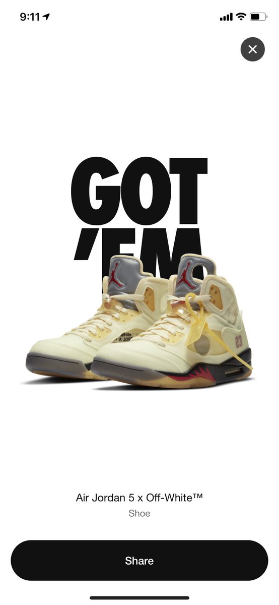 MissingSolez's tweet photo. Got my first SNKRS app W today! #OffWhite5 https://t.co/IQEGIuVUTf
