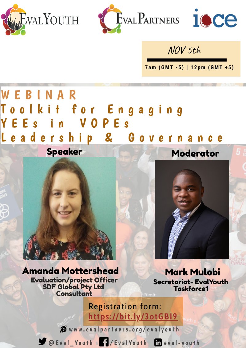 Eval_Youth's tweet photo. ๐ฃ EvalYouth Task Force 1 is hosting a webinar to present and discuss the newly developed "Toolkit for Engaging YEEs in VOPEs Activities, Leadership & Governance."
Join us & contribute to the conversation!
๐ 5 November 2020
๐ https://t.co/4XfFT4KYiw
#Eval #Youth #Eval4Action https://t.co/7ownFdIihg