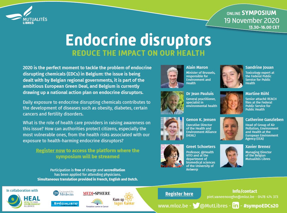 Join us on 19/11 for the online event on endocrine disruptors &amp; the impact on our health, organized by @MutLibres in collaboration with <a href="/HealthandEnv/">Health and Environment Alliance (HEAL)</a>. With participation of <a href="/EUEnvironment/">EU EnvironmentAgency</a>. EN, FR, NL translation. Registration: eventedcs20.be/en/register/. #EDCs #prevention #greendeal