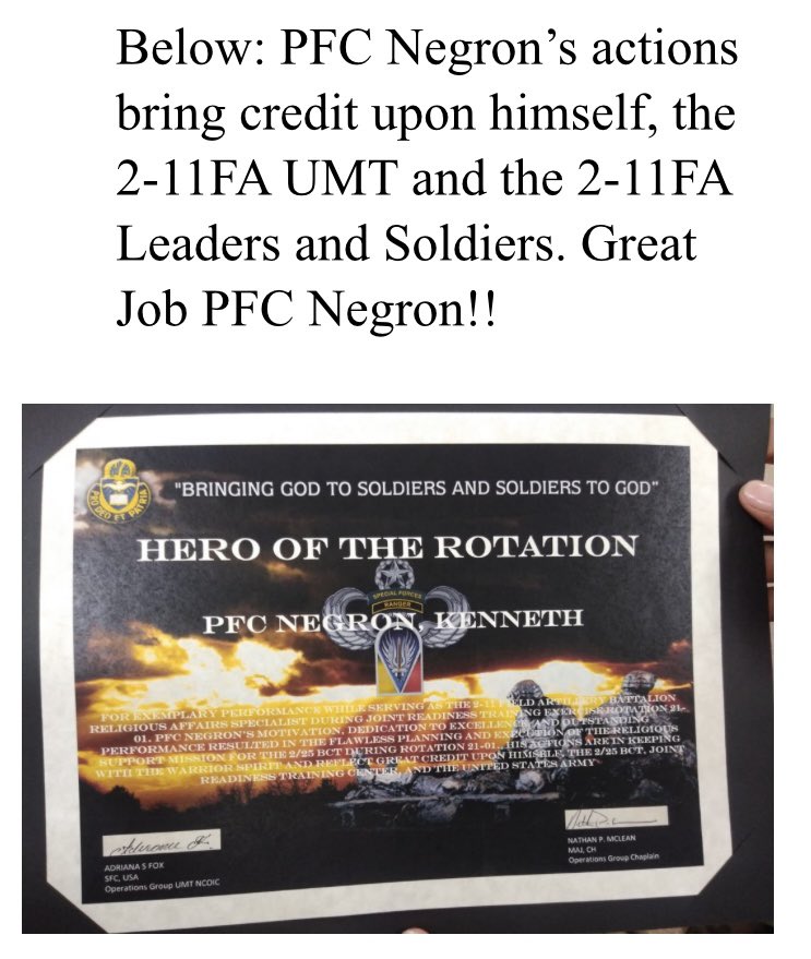 Very proud of PFC Negron for earning “Hero of the Battle” at JRTC for excellence in Religious Support. He’s the Religious Affairs Specialist for 2-11 FA BN @25thDivarty, @2IBCTWarriors! @25thIDCG @25thID #TropicLightning #StrikeHard #AmericasPacificDivision @USARPAC @I_Corps