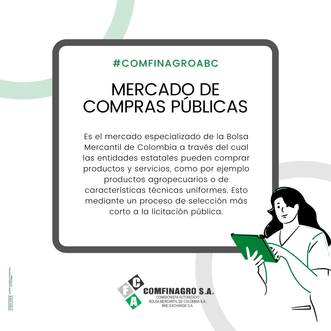El Mercado de Compras Públicas ofrece transparencia en las operaciones y seguridad jurídica gracias al sistema de garantías de la <a href="/BolsaMercantil/">Bolsa Mercantil de Colombia</a>. 💰 Hoy en #ComfinagroABC te contamos los beneficios que ofrece este escenario de negociación. ⚖️