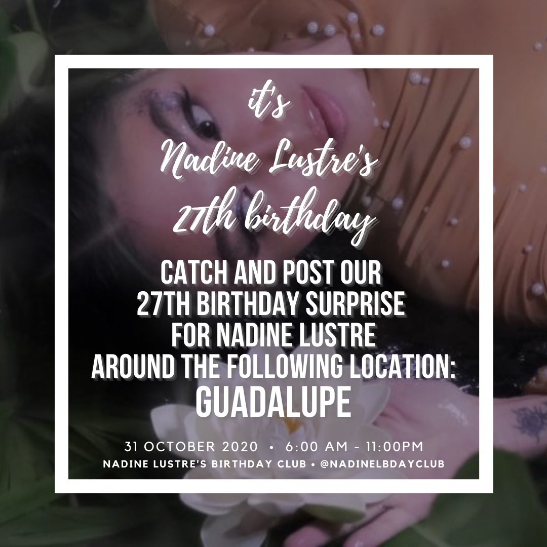 _NLBeaconCircle's tweet photo. Catch and post our 27th birthday surprise for Nadine Lustre on 10.31.20 between 6:00AM - 11:00PM around the following locations:
- C5
- GUADALUPE
- OSMENA
Follow for updates (and hints π) on our surprise & our album giveaway!
2DAYSTO WILDEST DREAMS ALBUM
#NadineWildestDreams https://t.co/Y0z05A3sED