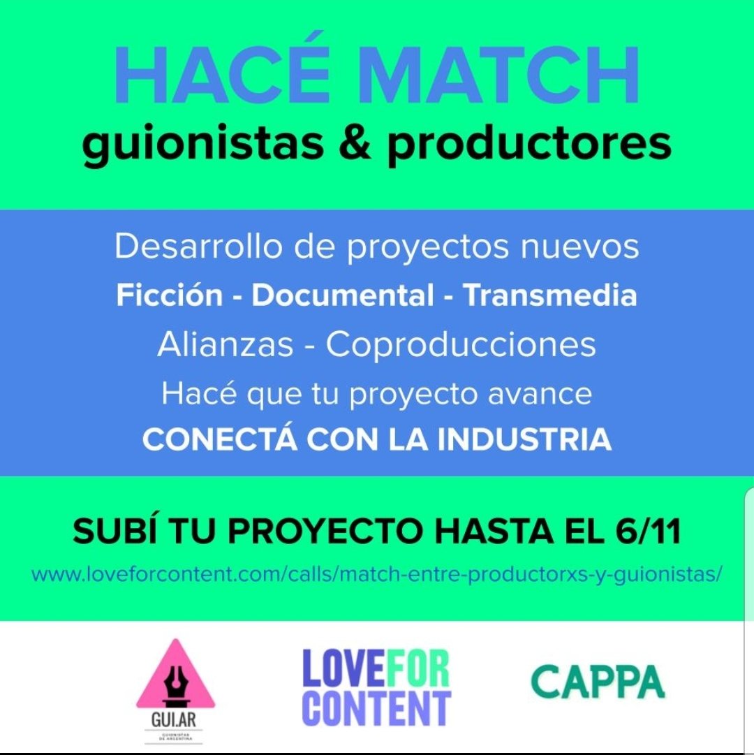 loveforcontent's tweet image. Convocatoria de proyectos en desarrollo, guionistas y productores de contenidos audiovisuales. 
@GuionistasGuiar @CAPPAudiovisual