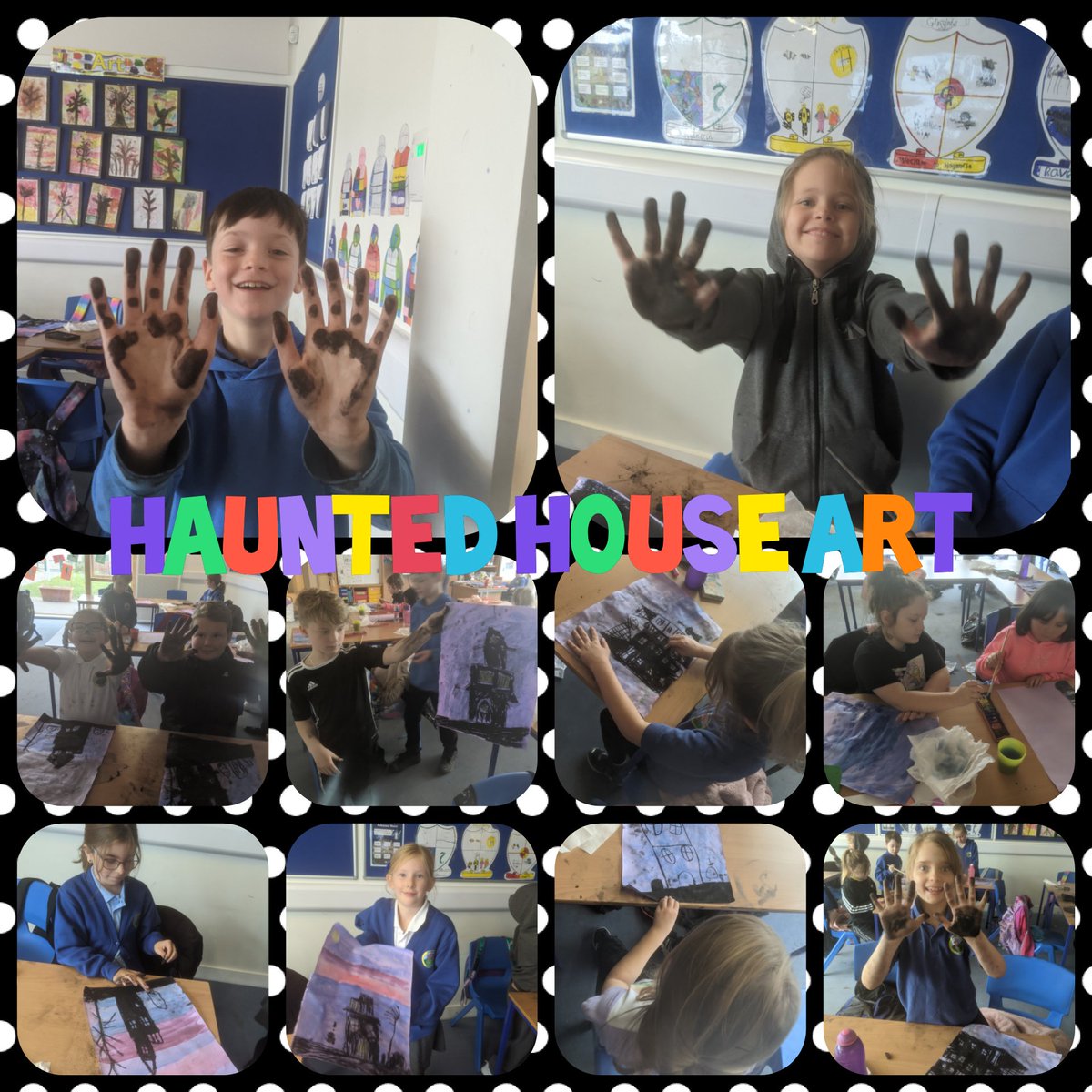 MissMcCulloch2's tweet photo. We had lots of fun creating haunted houses using water colour backgrounds and lovely charcoal for the spooky houses! #messyclass #Article31 https://t.co/8TbfBcG2Rw