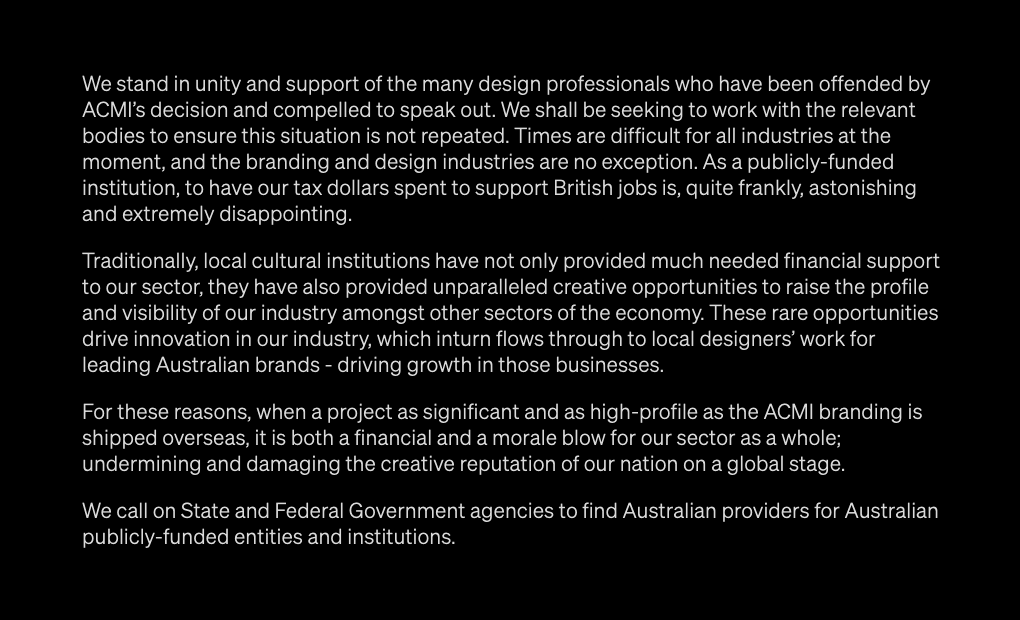 Today on Brand New (Linked): The <a href="/AGDA_National/">AGDA</a> Board responds to the industry’s warranted outcry that <a href="/ACMI/">ACMI</a>, a publicly-funded cultural institution, hired a non-Australian firm to complete its recent identity redesign by London, UK-based North underconsideration.com/brandnew/archi…