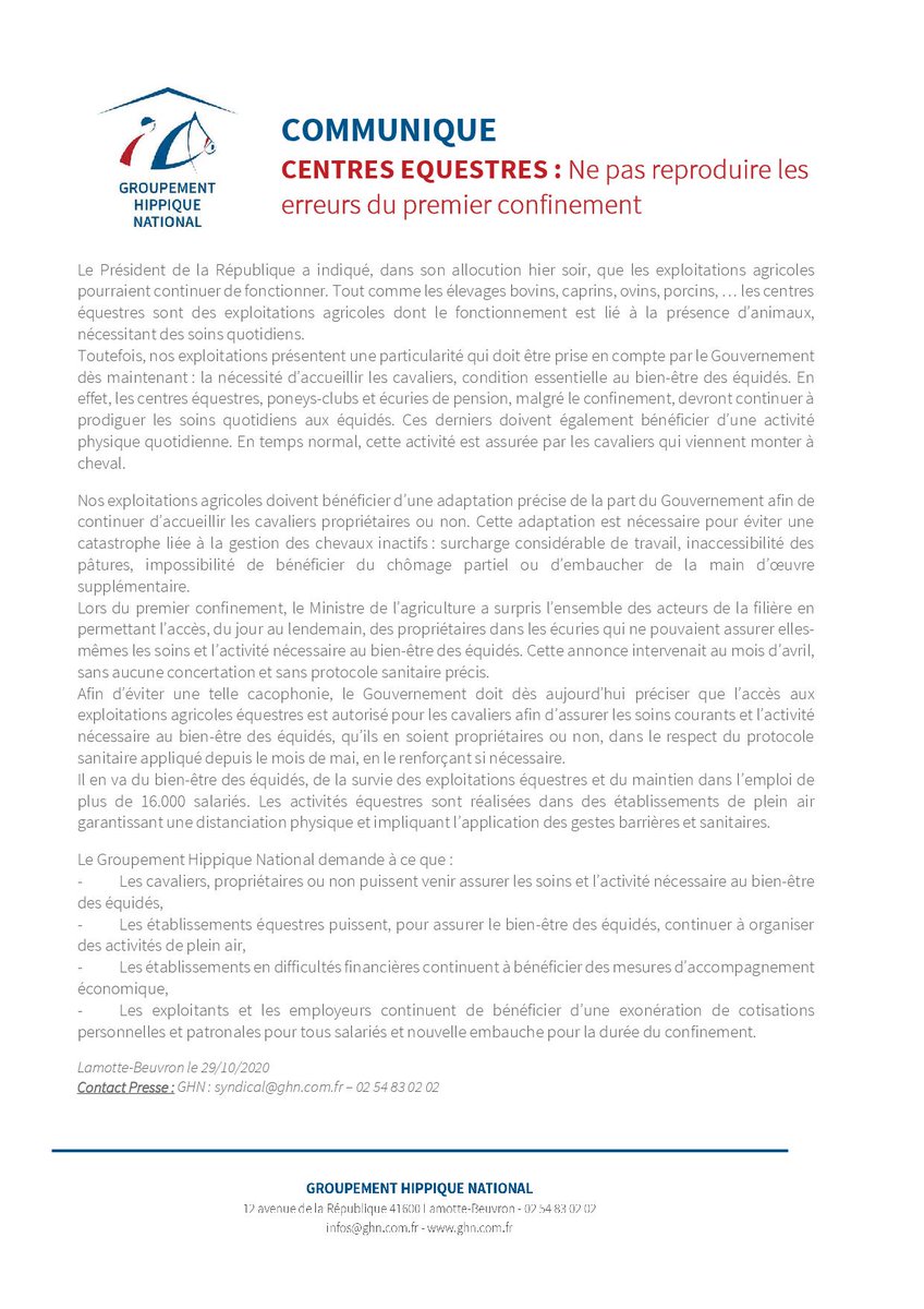 Pour que les particularités des établissements équestres, exploitations agricoles soient prises en comptes dès le début de ce nouveau confinement.

Il en va du bien-être des 🐴 de pouvoir être soignés et d'avoir une activité physique au quotidien !