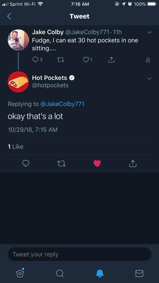 JakeColby771's tweet image. 2 years ago today, @hotpockets called me out :/ still eat them, tho..