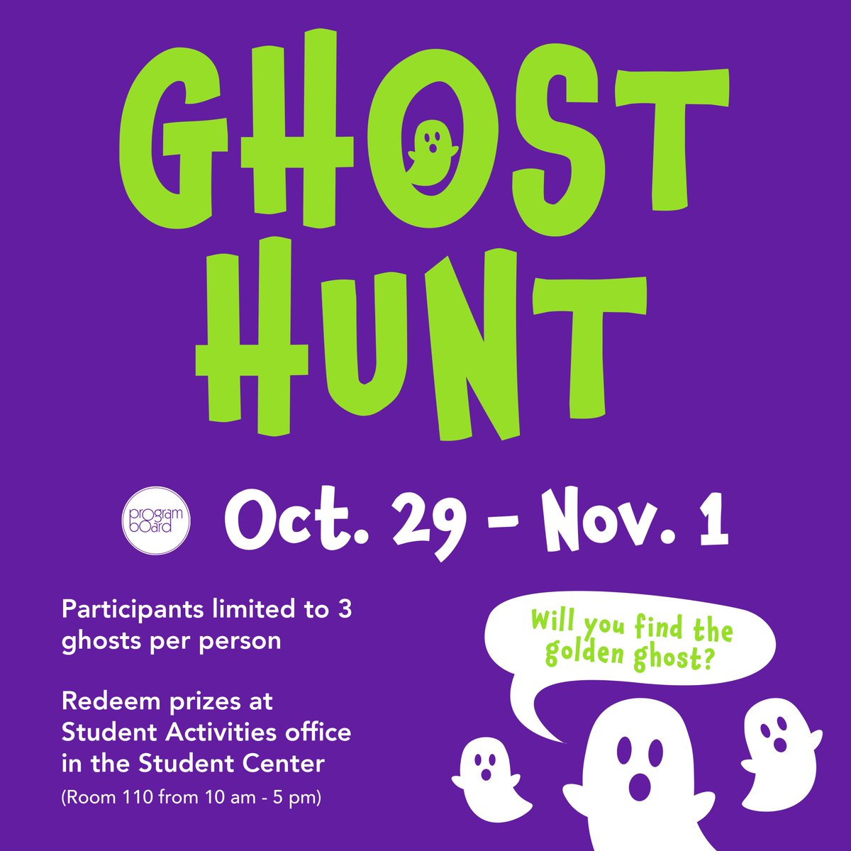 Hey Rams! Our Ghost Hunt across campus has JUST STARTED! Search across campus to see if you can spot a hidden ghost (or the special GOLDEN GHOST!) This event will run Oct 29th until Nov 1st and you can redeem your ghosts in Room 110 of the Student Center. Limit of 3 ghosts each.