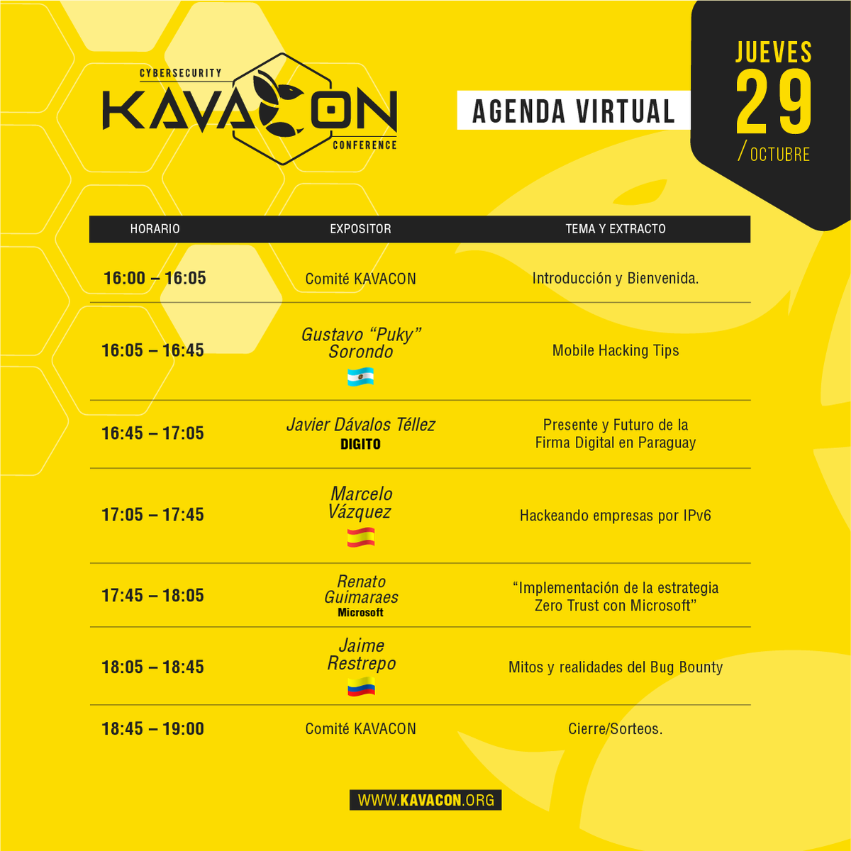 KavaConPy's tweet photo. Cuenta regresiva para arrancar el cuarto y último día de KavaCon 2020. Aún tenés tiempo de inscribirte ingresando al siguiente link https://t.co/I9OsshkFX2. Fabulosos premios te esperan al final de la jornada. No te lo pierdas!!!🎉
#cibersecurity #Kavacon #kavacon2020 #congreso https://t.co/4Lhl50QvcA