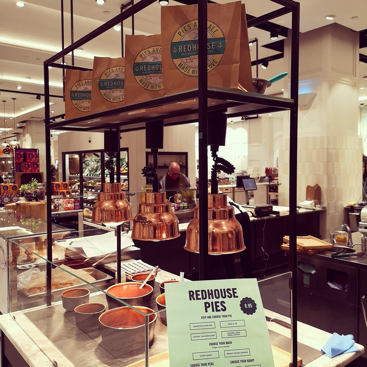 Pop up pie shop!

We'll be serving our legendary pie and mash for the next couple of weeks in Fenwick's food hall.

The pop up pie menu includes our best selling steak &amp; ale pie; chicken, gammon &amp; leek pie; sausage, apple, cider &amp; onion pie and mushroom &amp; leek pie.