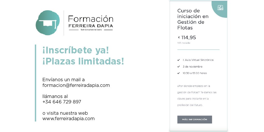 ferreiradapiaTC's tweet photo. II Aula Virtual Sincrónica del Programa de Formación 20/21 de Ferreira Dapía Tech Consultant &amp; Events.

▪️Sentando las bases en la Gestión de Flotas📍
▪️3 de noviembre
▪️de 10:30 a 13:00 horas
▪️Incluye certificación

¡Inscríbete ya! ¡Plazas limitadas!
https://t.co/4Jj4Kls4tI https://t.co/Gt2k0qog5X
