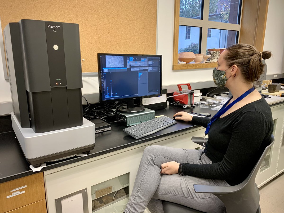 elleryfrahm's tweet photo. Today our grad students are focusing on (sorry, microscopy pun) pigments using a demo #PhenomXL desktop #SEM. Dominique is looking at pigments on ceramic sherds, while Hannah is testing ostrich eggshell beads for traces of ochre. 👩‍🔬🔬🏺🥚🎨 #MaskedScience https://t.co/ZruIHimSfw