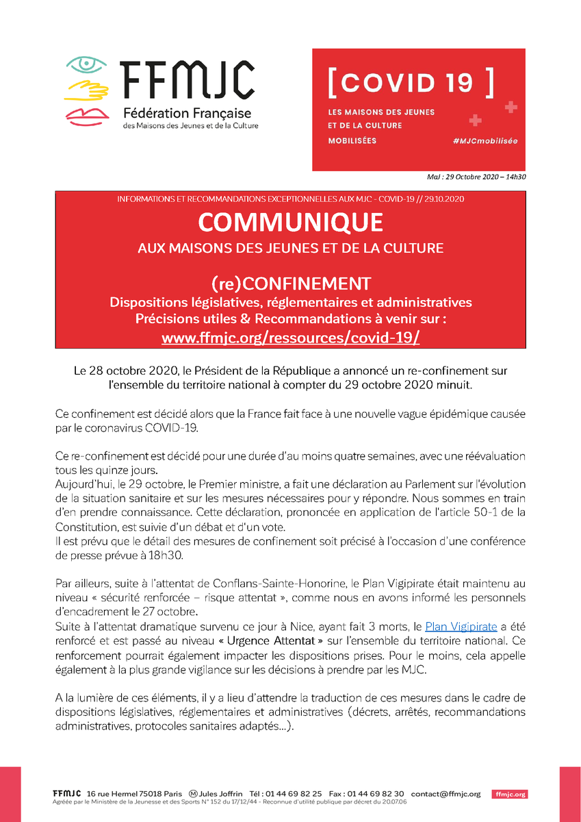 FFMJC's tweet photo. 📢 [COMMUNIQUE]
Information de la FFMJC aux Maisons des Jeunes et de la Culture (MJC) relatif au (re)confinement 👇
👉 La page https://t.co/kkuu49ryh1 sera actualisée avec une rubrique "ressources - deuxième confinement"
👉 Pour télécharger le communiqué : https://t.co/STCCTgZ3Ml https://t.co/TjZqmhVIUW