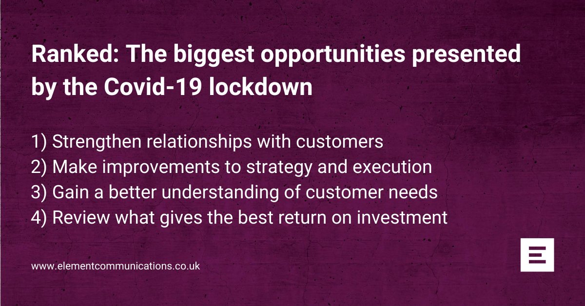 Our poll of senior B2B marketers has uncovered how they used the Covid-19 lockdown to improve the way they operate.

To download our 2020 Vision Report, visit elementcommunications.co.uk/2020-vision-re…

#AuthenticCommunications #pr #B2B
