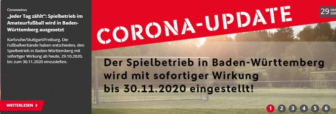 Wie erwartet: Die Fußballverbände haben entschieden, den Spielbetrieb in Baden-Württemberg mit sofortiger Wirkung ab heute, 29.10.2020, bis zum 30.11.2020 einzustellen. #KreisligaKarlsruhe
badfv.de/verband/aktuel…