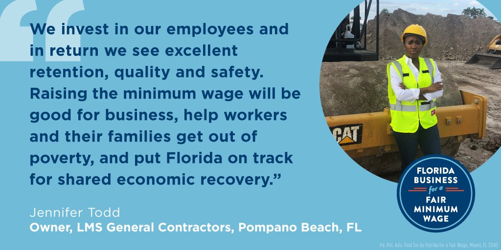 MinimumWageBiz's tweet photo. “Raising the minimum wage will be good for business, help workers and their families get out of poverty, and put Florida on track for shared economic recovery.” -Jennifer Todd, Owner, LMS General Contractors
#Yeson2 https://t.co/m2K2fjTser
#RaisetheWage https://t.co/xIfzDeKYqD
