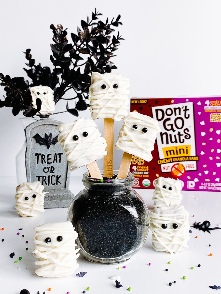 Mummies have invaded our kitchen! Want to know how to make these Halloween treats? Head here to get the directions: instagram.com/p/CG7h_49p0b0/ #DontGoNuts #DontGoNutsGoCreate #BarHacks #allergyfriendly #Halloween #DontGoNutsGo