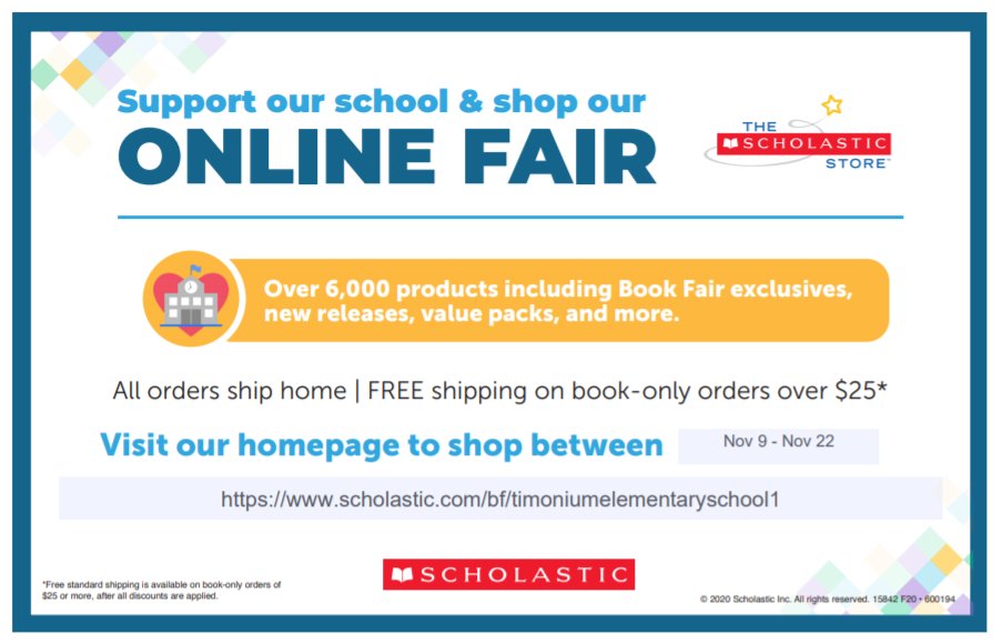 TimoniumESLibrary 📚 (@timoniumes_lib) on Twitter photo It's right around the corner!! Our Online <a href="/Scholastic/">Scholastic</a> #BookFair starts on November 9th!
<a href="/tes_pta/">Timonium ES PTA</a> It's right around the corner!! Our Online <a href="/Scholastic/">Scholastic</a> #BookFair starts on November 9th!
<a href="/tes_pta/">Timonium ES PTA</a>
