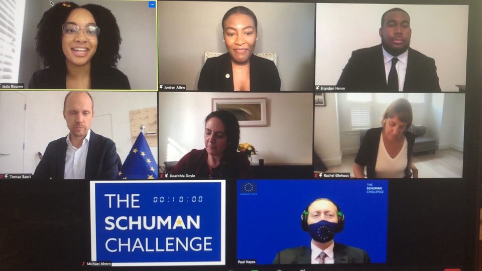 A snapshot of Day-1 of the  #SchumanChallenge as our debaters presented their arguments. We would like to thank all of the judges and moderators from @EUintheUS for your time and allowing us this platform. Thank you!