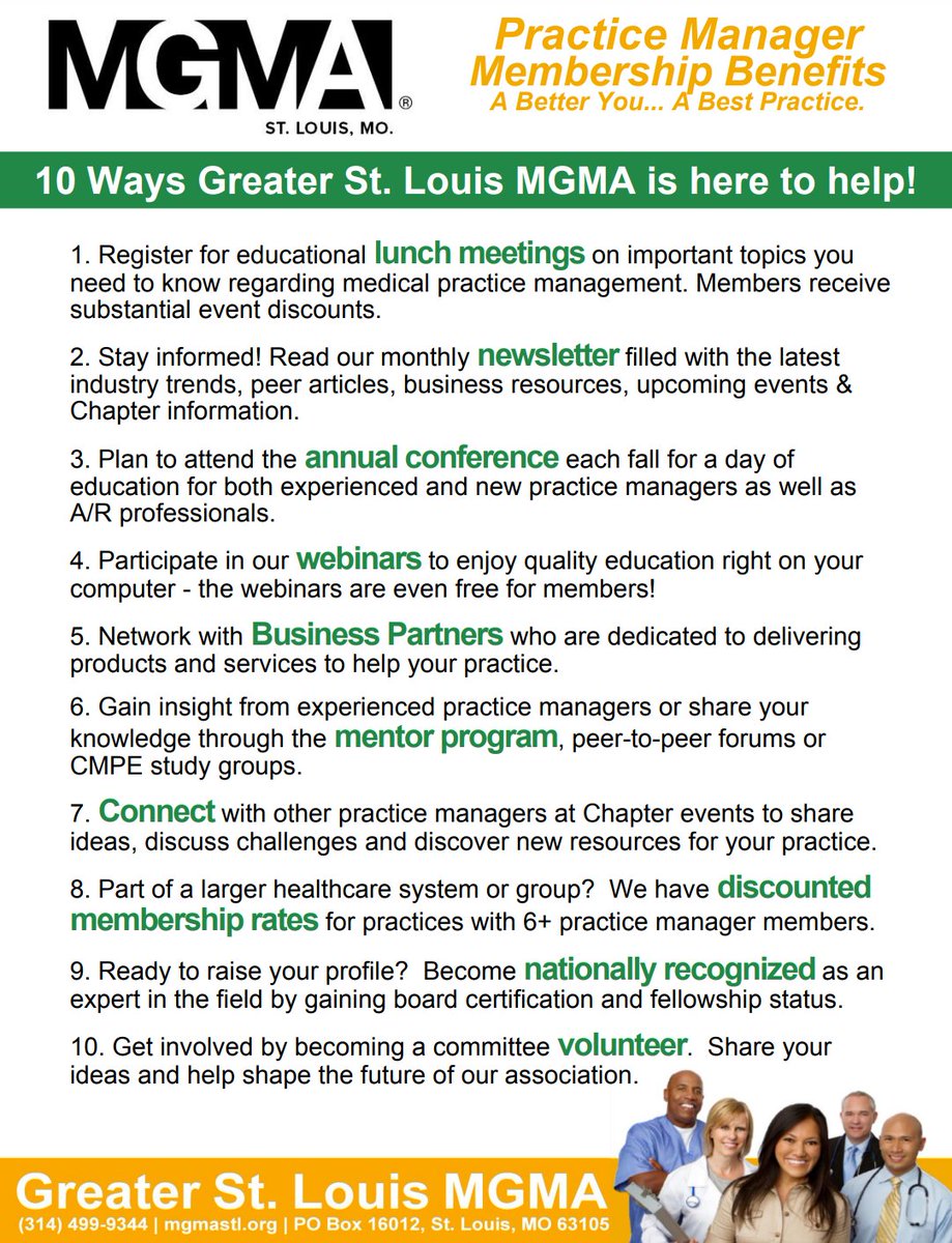 STLMGMA's tweet photo. Hey Practice Managers! When you join now, you will receive the remaining 2020 month's membership free, and that includes two upcoming webinars!

Check out some of the benefits our members receive each year below, and learn more at https://t.co/rTBZuJOczW https://t.co/vxQZIYkgcy
