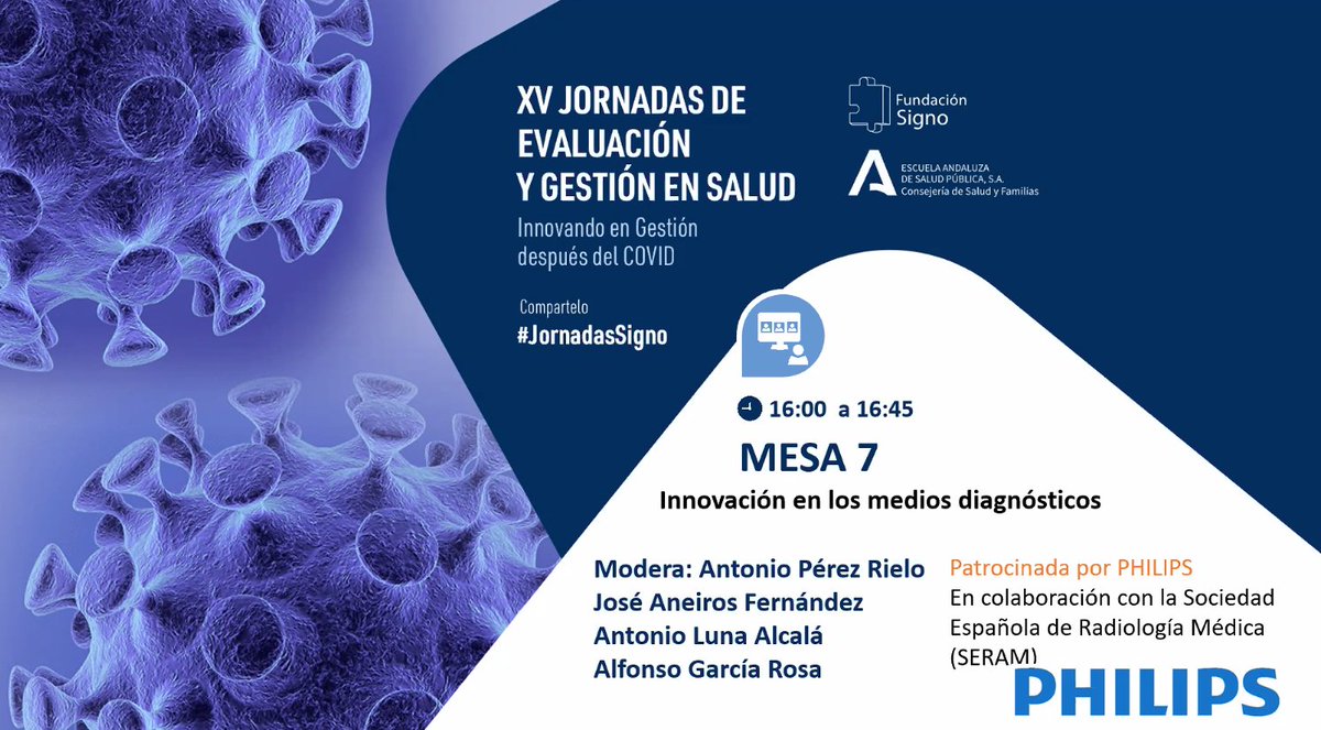 #JornadasSigno A debate en la Mesa 7 la innovación en los medios diagnósticos. Modera: Antonio Pérez (<a href="/CGuadalhorce/">Clínicas Guadalhorce</a>)

👤 <a href="/janeirosf/">J. Aneiros-Fernandez</a> (<a href="/clinicogranada/">Hospital Universitario Clínico San Cecilio</a>)
👤 <a href="/Alunaalcala/">Antonio Luna Alcalá</a> (<a href="/HTmedica/">HT Médica</a>)
👤 Alfonso García (<a href="/saludand/">Consejería de Sanidad, Presidencia y Emergencias</a>)

jornadasfundacionsigno.com/xvjornadasgest…