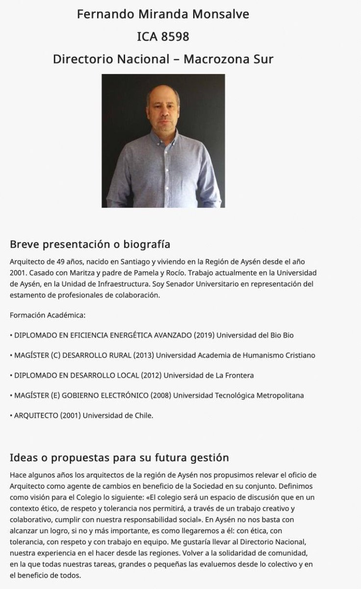 Colegas a 9 días de las elecciones del <a href="/colegioarq/">Colegio de Arquitectos de Chile</a> les invito a difundir y a votar por el candidato al Directorio Nacional por la Macro Zona Sur, el colega FERNANDO MIRANDA 🗳️‼️
<a href="/ArqJF/">Juan Fernando Yañez</a> <a href="/Fer_Mranda/">Fernando Miranda</a> @Fernandotoroc <a href="/padmalamo/">Lorena Estai</a> <a href="/jose_piga/">Jose Piga</a> <a href="/juanjosemoreno_/">Juan José Moreno</a> <a href="/javinortina/">Javiera Salinas</a> <a href="/TatiTitaLita/">Tatuna</a>