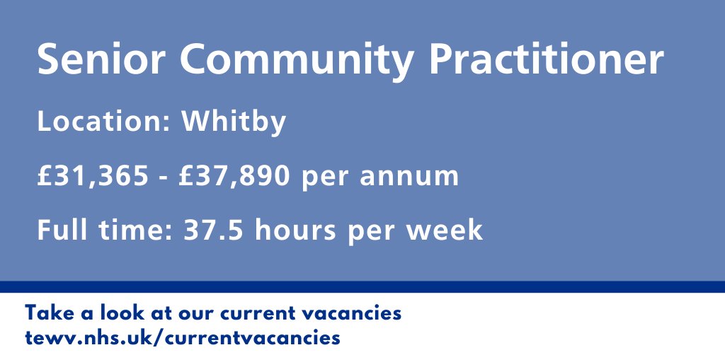 An exciting opportunity has arisen for a highly motivated, skilled and enthusiastic Registered Mental Health Nurse, Social Worker, Psychologist or Occupational Therapist to work in our Integrated Community Team based at Whitby.

More info 👇

ow.ly/7fQH50C2vik