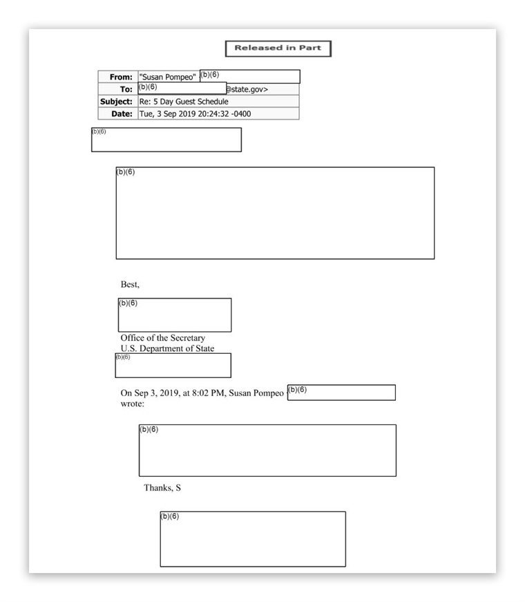 Many of Susan Pompeo's emails are heavily redacted. Including this one, with the subject line "5 Day Guest Schedule."