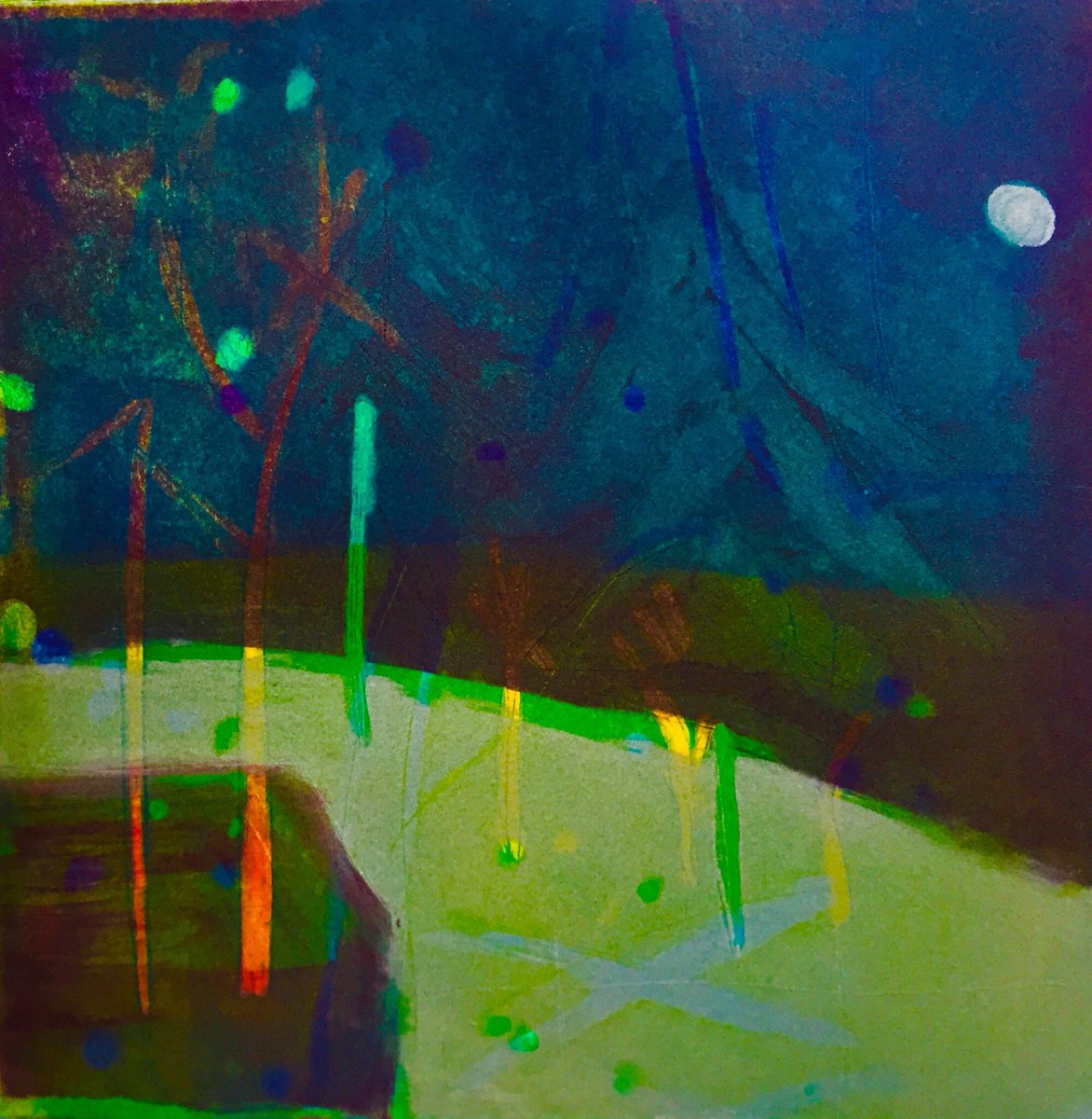 LouiseD_etcher's tweet image. Proofing new work in the studio today. Trying to capture the feel of a forest at night. Using 3 different colour zinc plates. #etching #proofing #studiopractice #originals #landscapeart #forest #nightsky #printmaking #printmaker