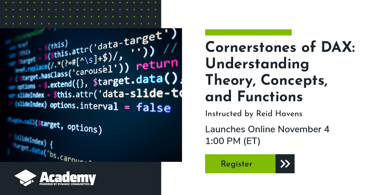 Learn the fundamentals, theory, &amp; necessary functions to start writing measures in #DAX, the expression language in #PowerBI in this half-day Academy training, instructed by expert &amp; #MicrosoftMVP <a href="/HavensBI/">Havens Consulting</a>: hubs.ly/H0ySf_K0