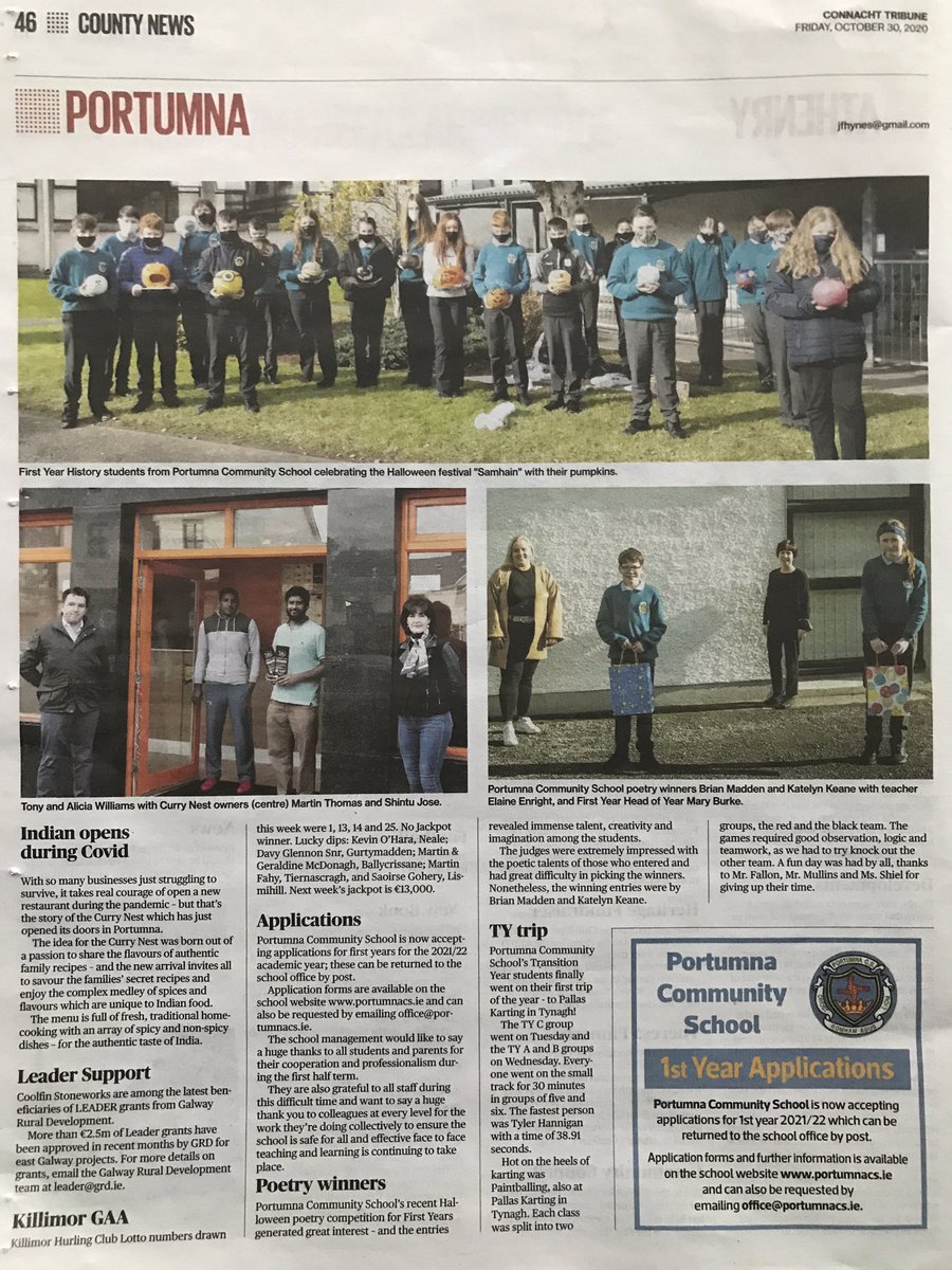 portumnacommsch's tweet photo. Great coverage of PCS among county news @CTribune. Many thanks to local journalist Mr. Jim Hynes for the continued promotion of local news stories &amp; events, needed now more than ever👏@tomfelle @Pallaskarting #StaySafe https://t.co/p7OMwfcySG