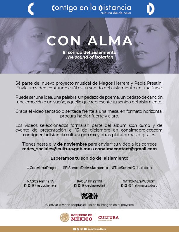 magosherrera's tweet photo. 📢INVITACIÓN PARA TODOS!, @paolaprestini y yo te invitamos a ser parte de nuestro proyecto #ConAlmaProject 
Participa enviando un video en el que cuentes cuál es “tu sonido del aislamiento”
Info aquí👉🏾https://t.co/Jae2ASDDxG
@cultura_mx @NationalSawdust https://t.co/6rny6Ri2fD