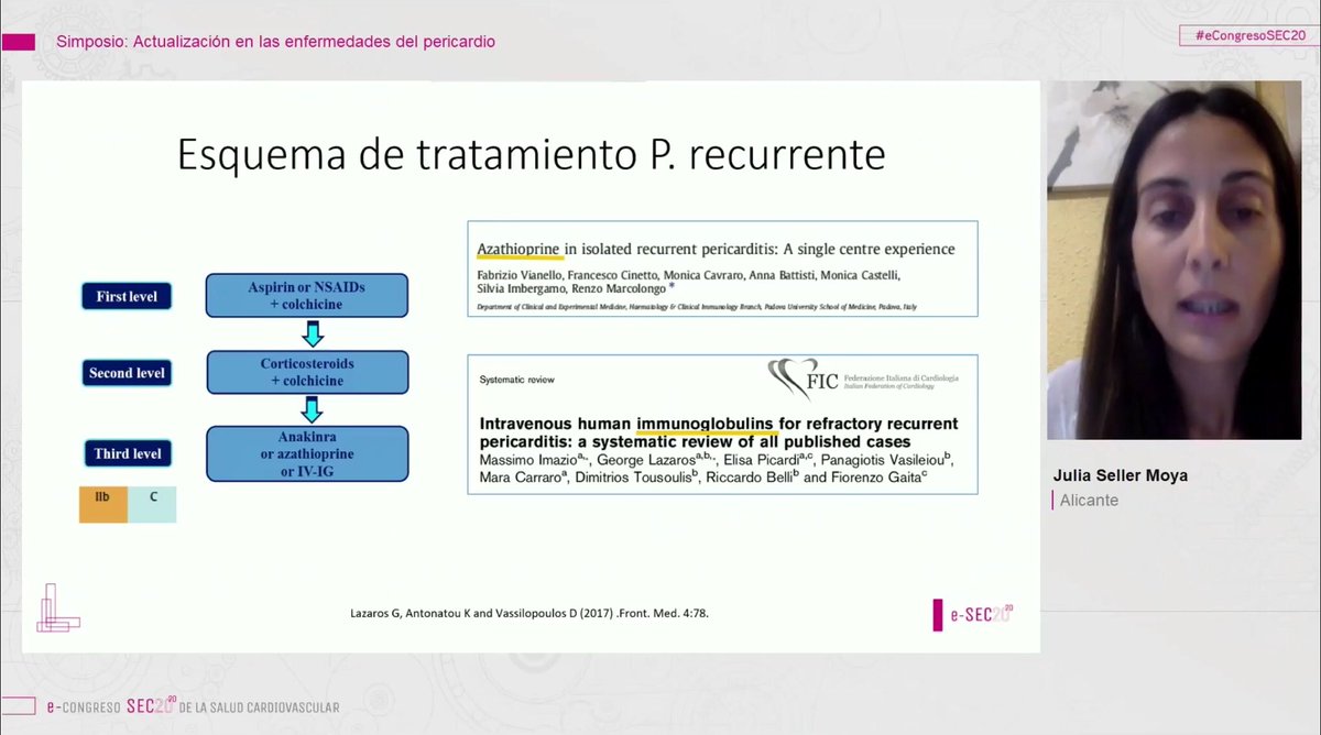 ‼️Opciones terapeúticas en la pericarditis recurrente
📍AINES o AAS + colchicina
📍Corticoides
📍Anakinra
<a href="/JuliaSellerm/">Julia Seller</a> #eCongresoSEC20 
<a href="/secardiologia/">Soc Esp Cardiología</a> <a href="/clinica_sec/">Asociación Cardiología Clínica SEC</a>