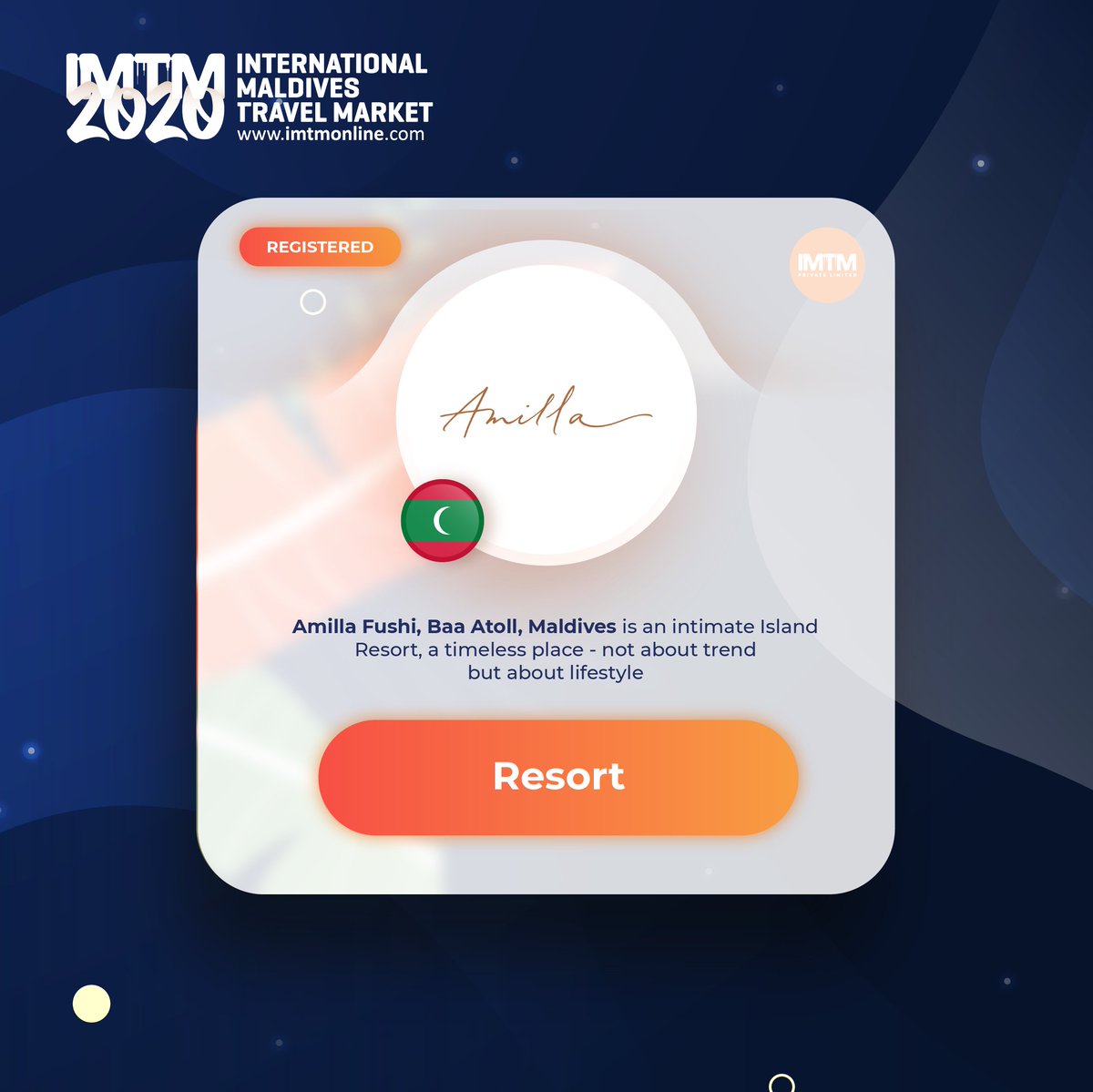 imtmonline's tweet photo. We are excited that @amillamaldives  is with #IMTM2020 as a confirmed resort (trade visitor)! #IMTM2020 #iamwithIMTM
.
.
.
Register now to meet them at the virtual fair! 
https://t.co/6fC3k2AvxG https://t.co/bdkY48sn6a