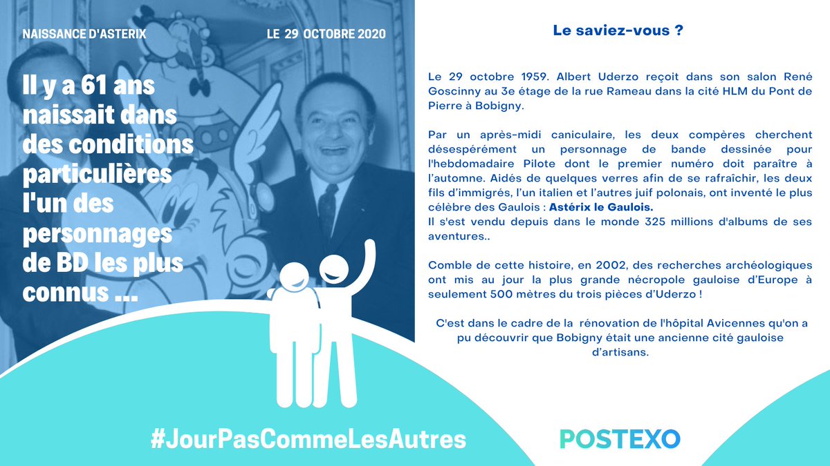 Postexo_app's tweet photo. #JourPasCommeLesAutres #PostExo
Il y a 61 ans aujourd'hui, deux fils d'immigrés ont inventé Astérix dans une cité de Bobigny. Preuve que la motivation, la persévérance et un brin de folie font la différence.
#LeSaviezVous #Asterix #BD #AlbertUderzo #ReneGoscinny #Bobigny https://t.co/imHhRwSS3b